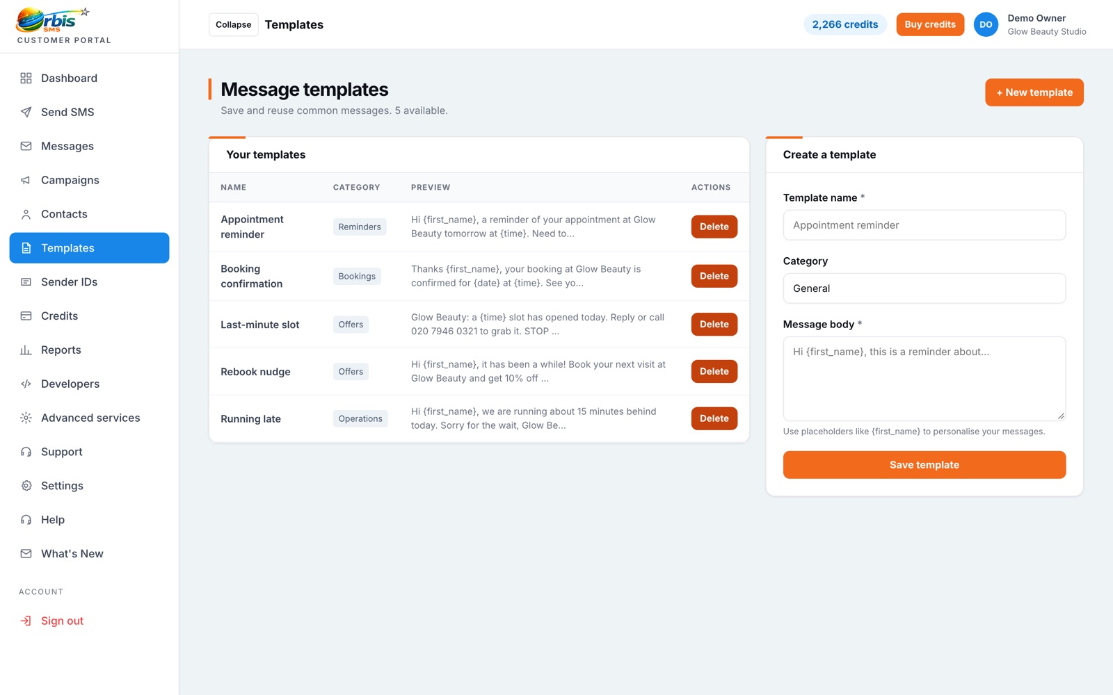 Reusable message templates in the Orbis SMS portal